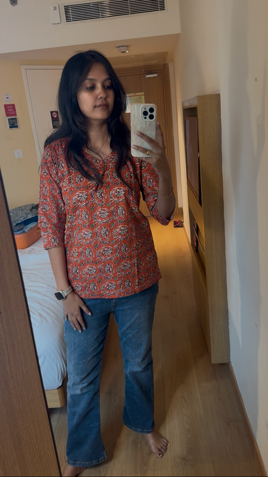 Red Floral Short Kurta