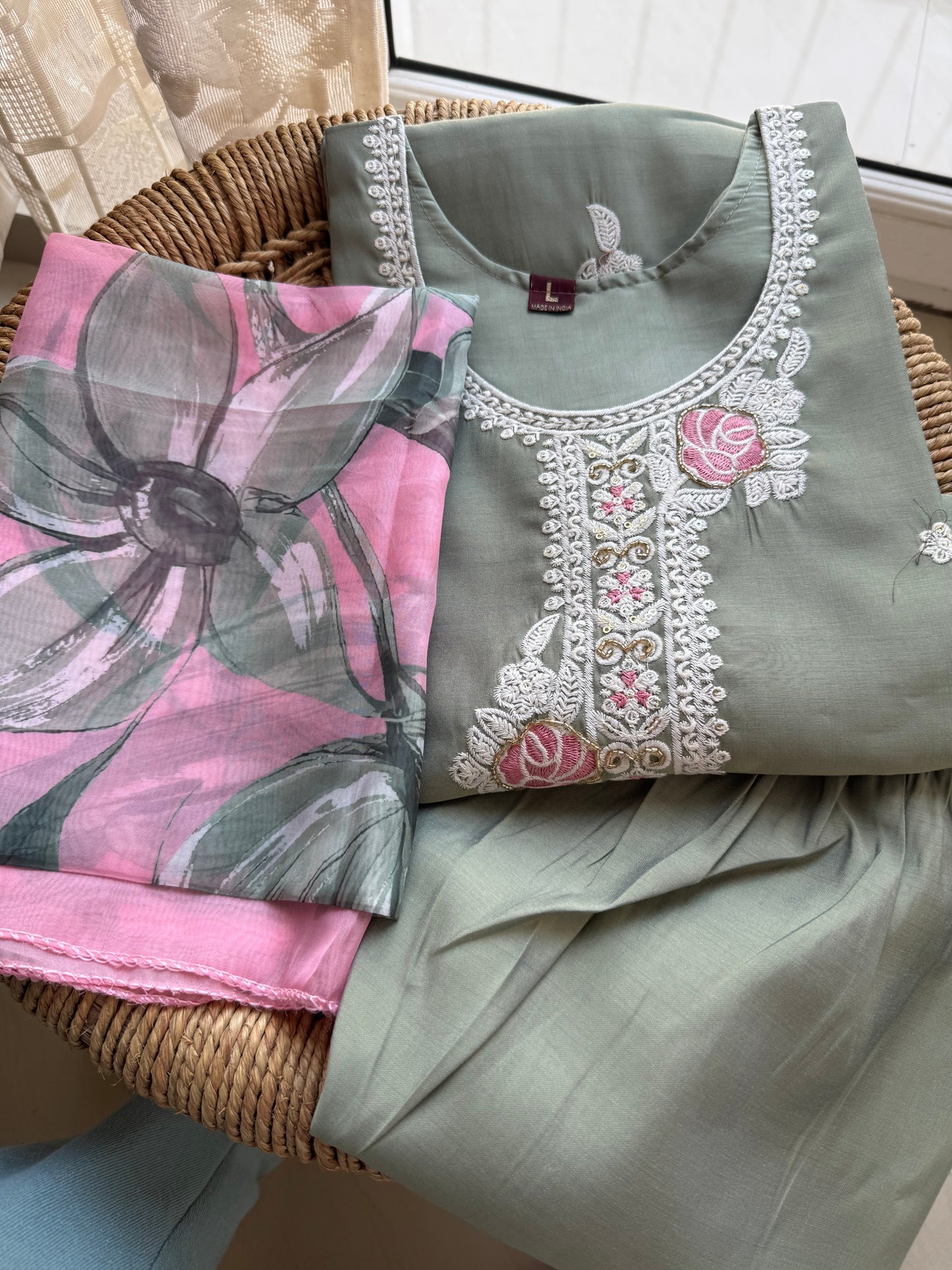 Soft Silk Embroidered Kurta Set with Beads Work & Soft Dupatta