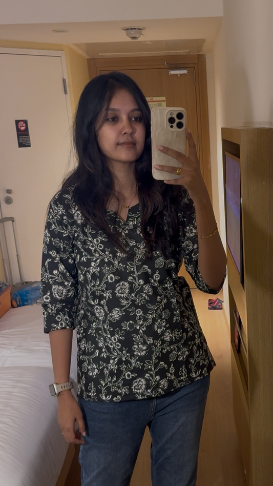 Black Floral Short kurta