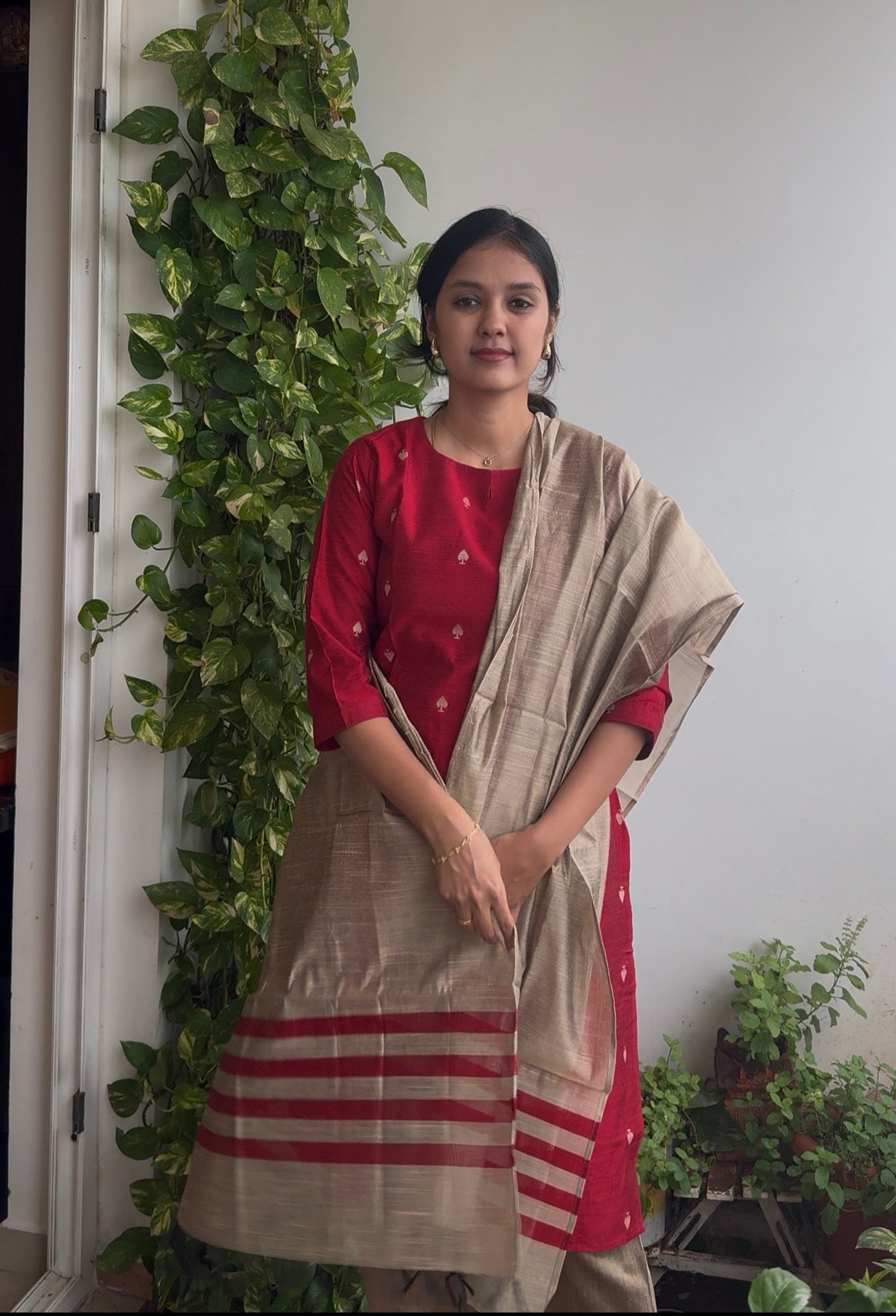 Red Raw silk 3 piece kurta set