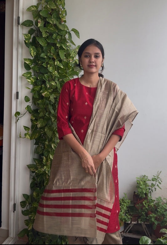 Red Raw silk 3 piece kurta set