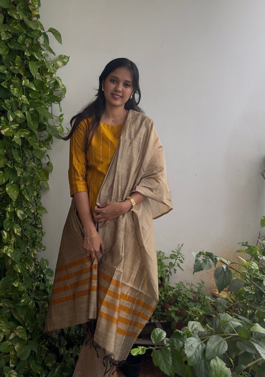 Yellow Raw silk 3 piece kurta set