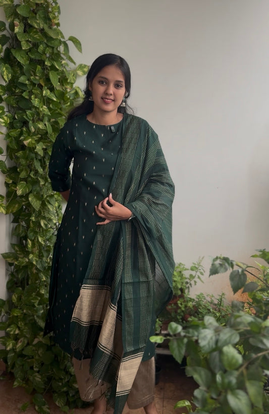 Green Raw silk 3 piece kurta set