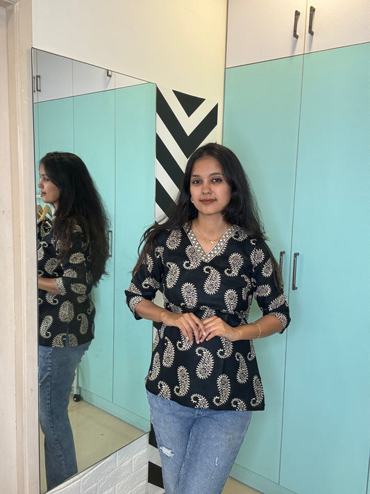 Black Paisley V neck Short kurta