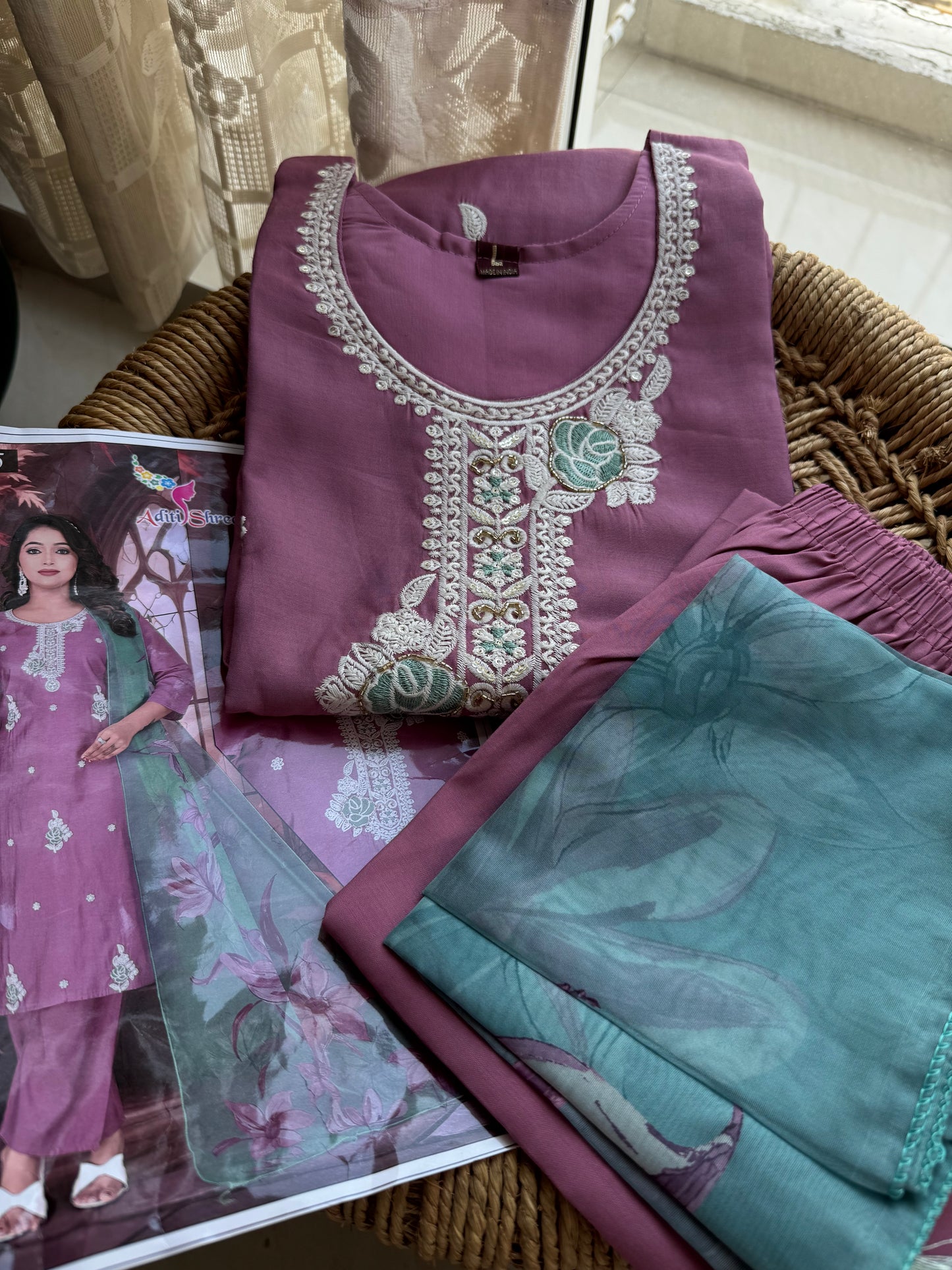 Soft Silk Embroidered Kurta Set with Beads Work & Soft Dupatta