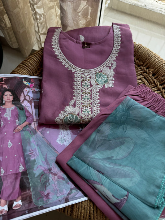 Soft Silk Embroidered Kurta Set with Beads Work & Soft Dupatta
