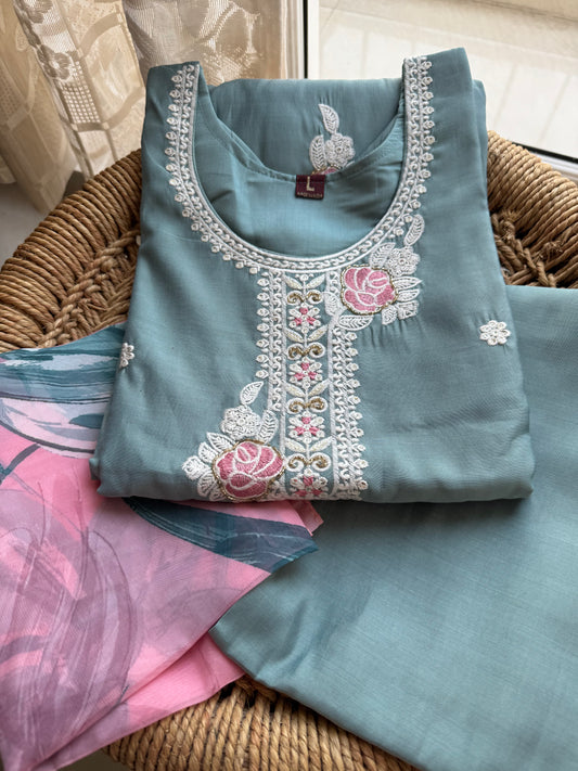 Soft Silk Embroidered Kurta Set with Beads Work & Soft Dupatta