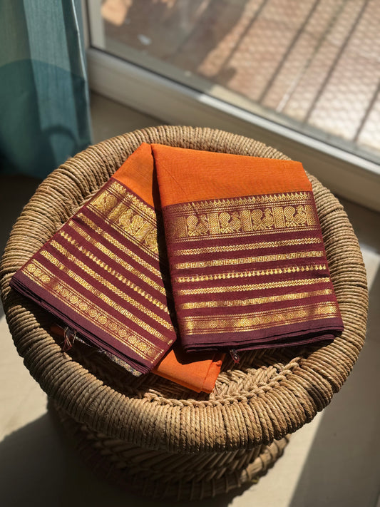 Rust orange and brown Kanchi cotton saree