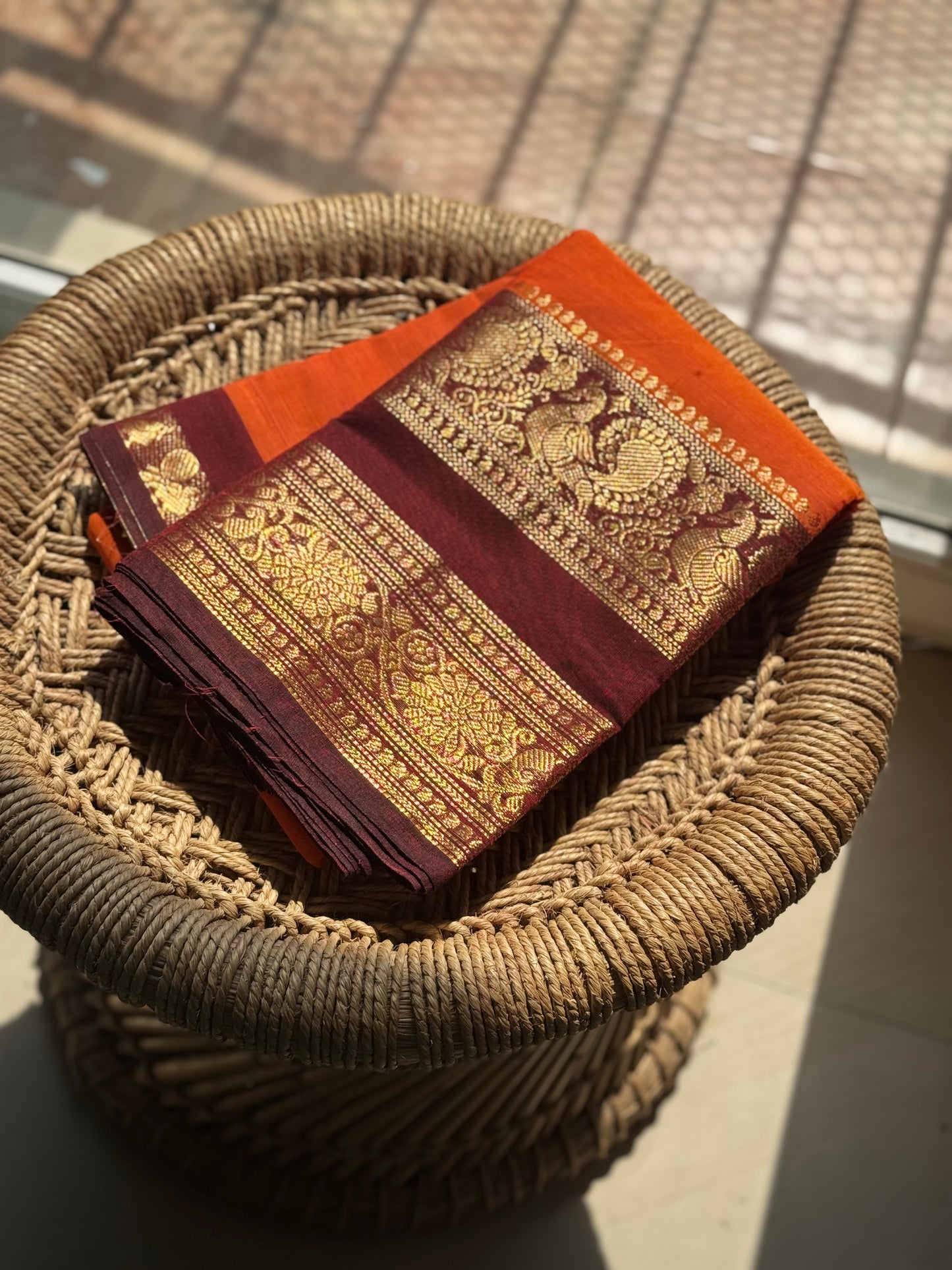 Rust orange and brown Peacock Kanchi cotton saree