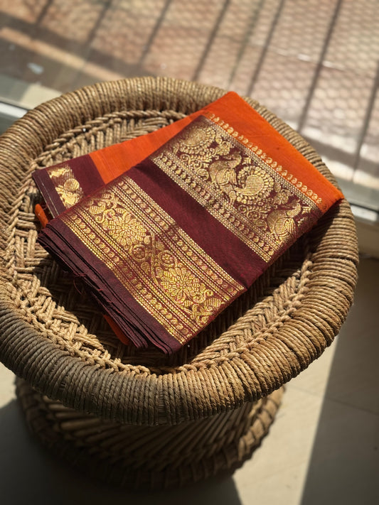 Rust orange and brown Peacock Kanchi cotton saree