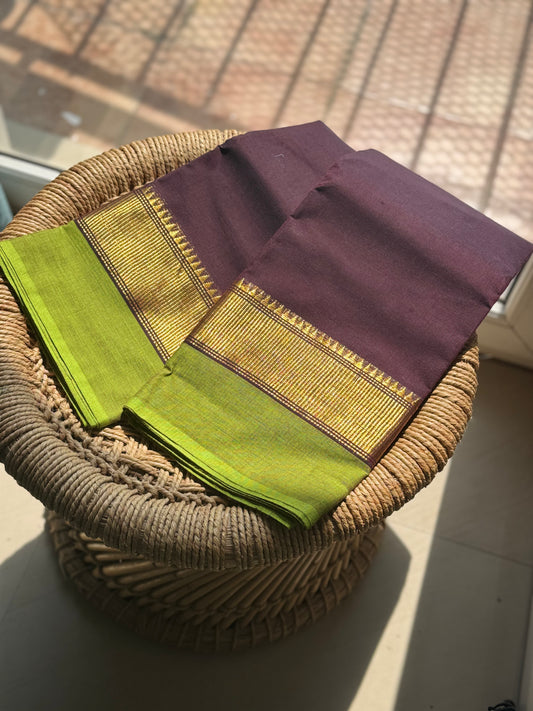 Trending Brown and Green Premium Kanchi cotton saree